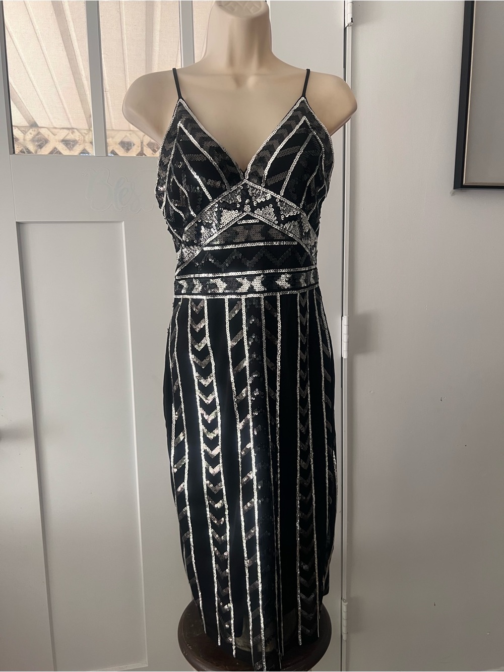 Express Black and Silver Sequin Midi Slip Dress